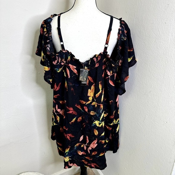 Torrid Smocked Cold-Shoulder Blouse‎ Gauze Leaf Black NWT Front Buttons Size 4x - Picture 9 of 16